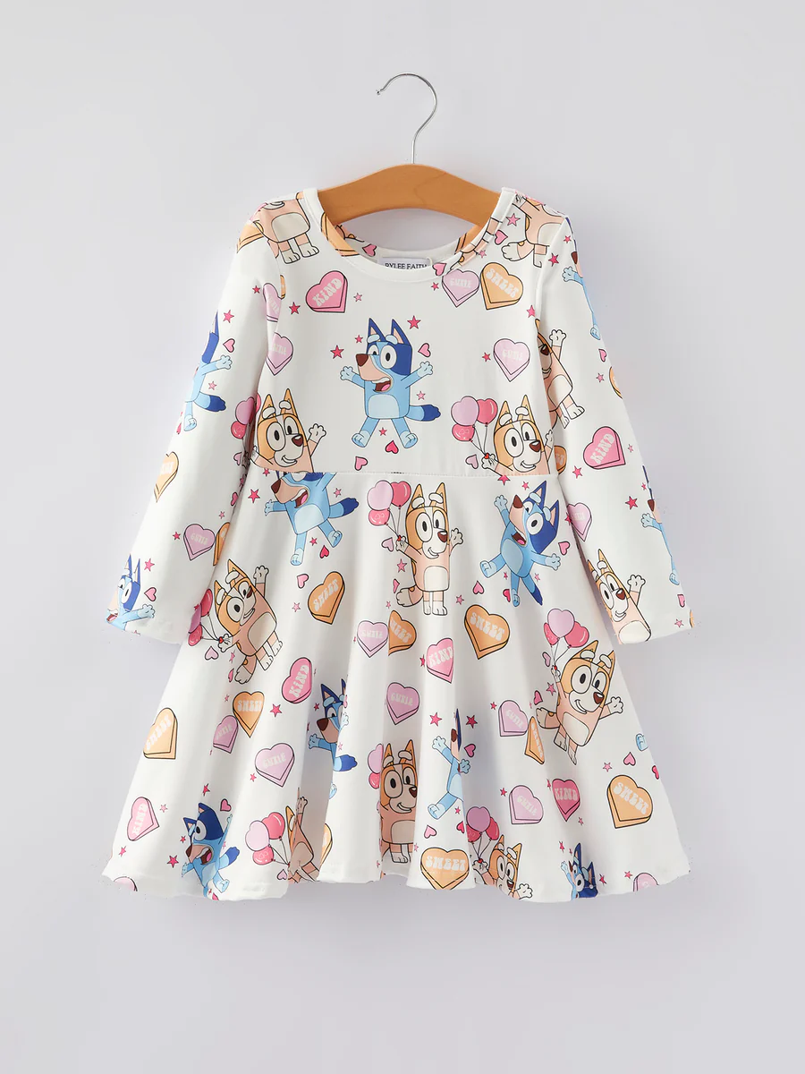 (Custom Design Preorder MOQ 5) Cartoon Dog Heart Print Girls Valentine's Day Knee Length Dress