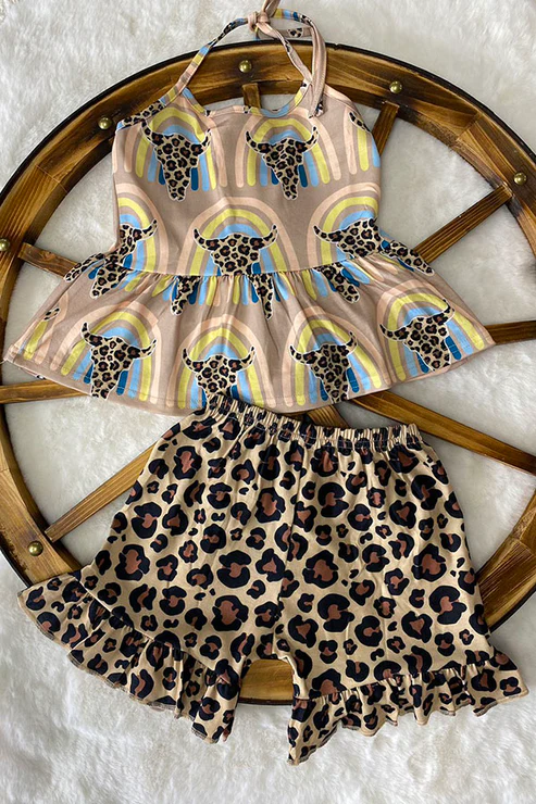 (Custom Design Preorder MOQ 5) Cow Skull Rainbow Top Leopard Shorts Girls Summer Clothes Set