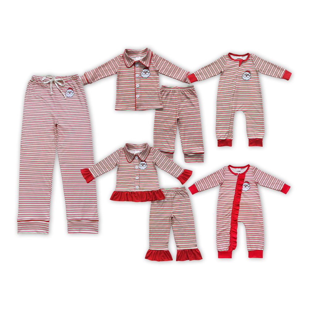 Santa Embroidery Red Green Stripes Print Family Christmas Pajamas Matching Clothes