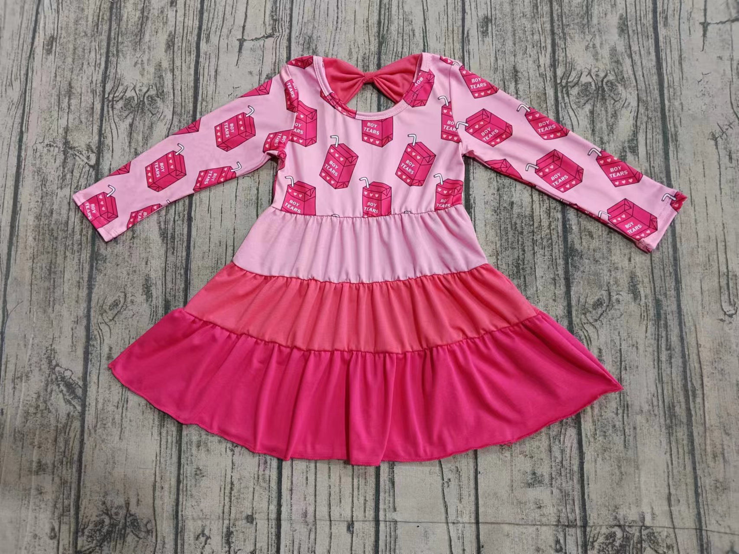 (Custom Design Preorder MOQ 5 ) Boy Tears Box Pink Print Girls Valentine's Day Knee Length Dress
