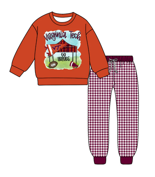 (Custom Design Preorder MOQ 5) Team's Vizginia Tech Top Plaid Pants Boys Fall Clothes Set