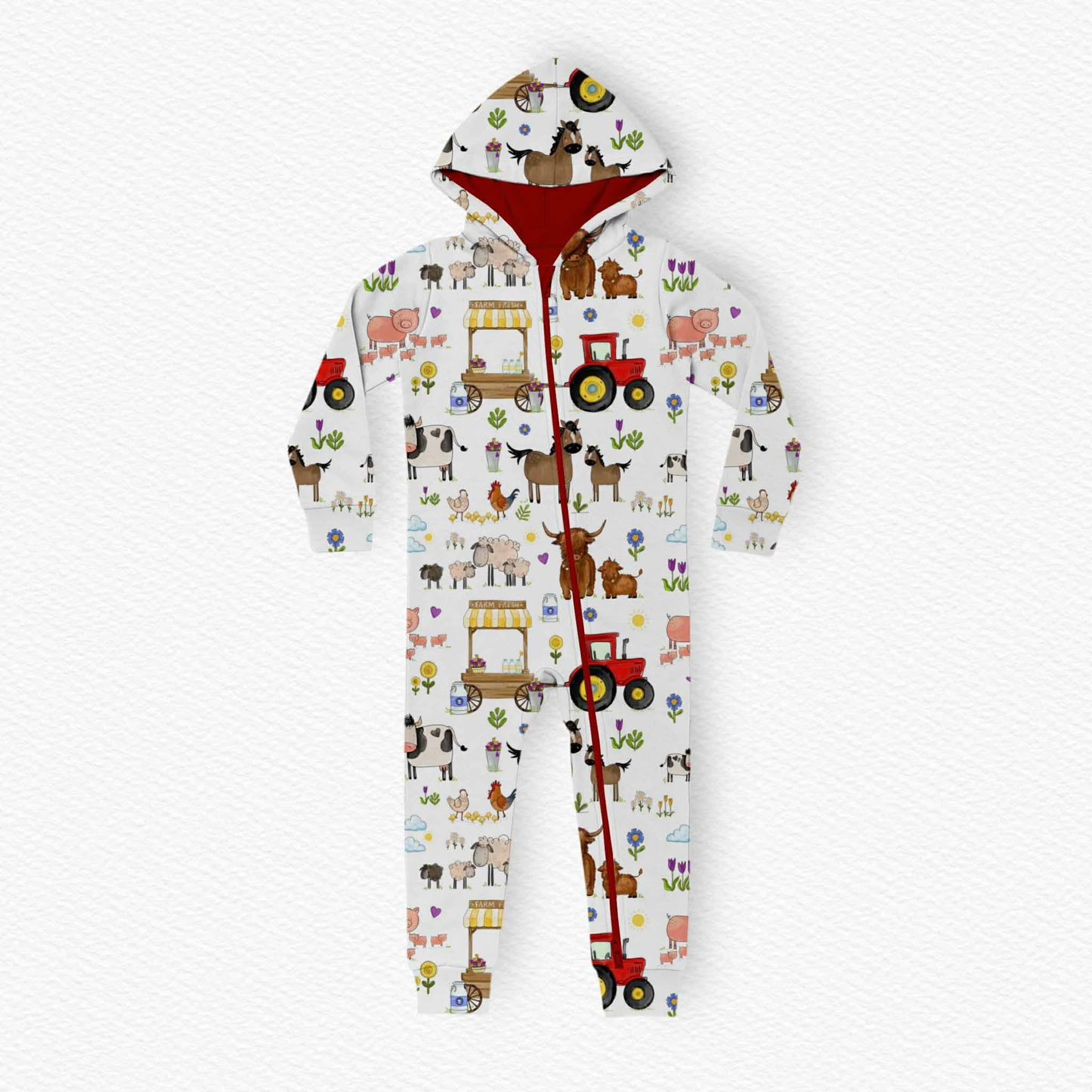 (Custom Design Preorder MOQ 5) Farm Animals Red Print Baby Hoodie Zipper Sleeper Romper