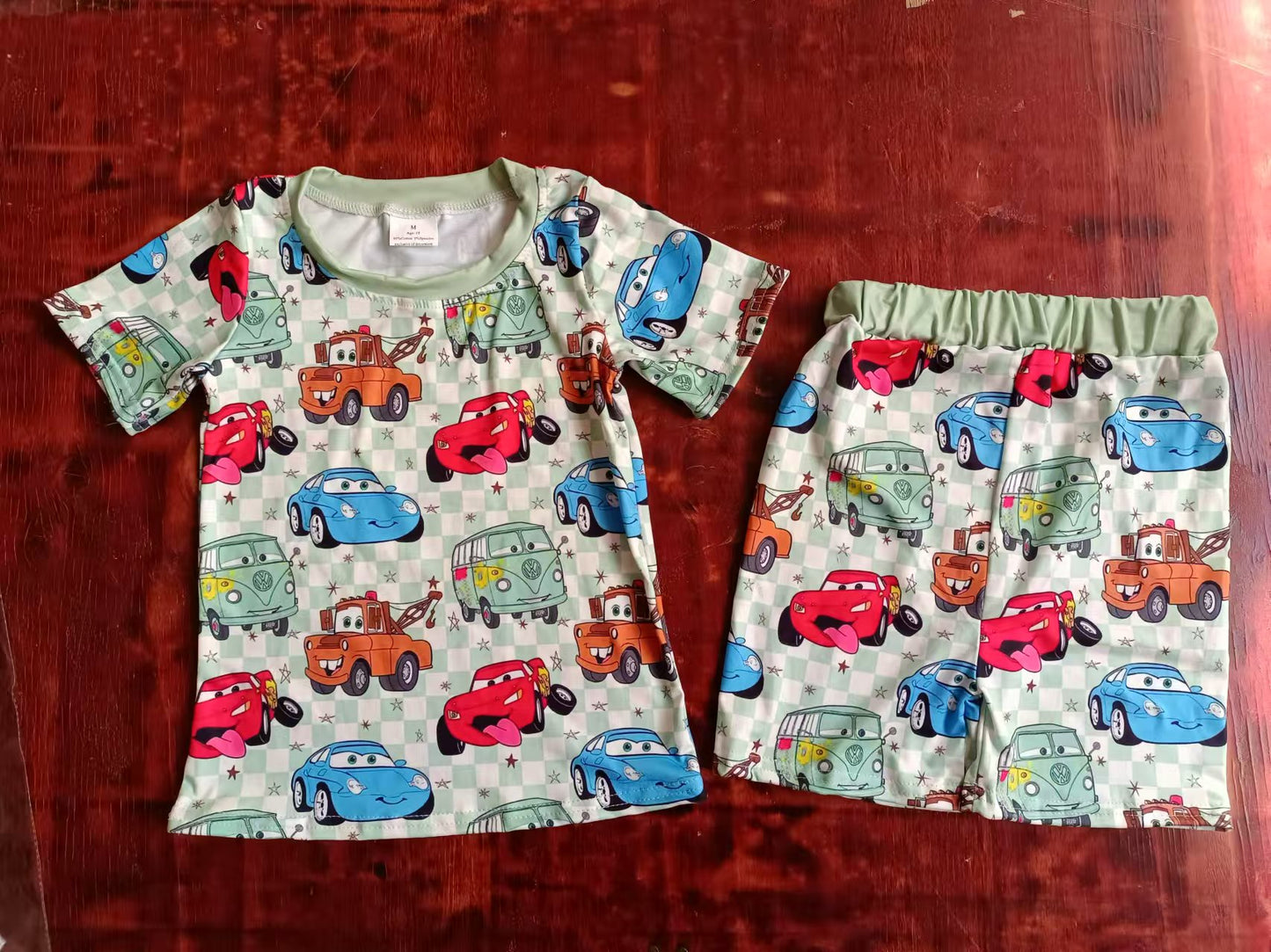 (Custom Design Preorder MOQ 3 ) Cartoon Cars Green Plaid Print Boys Summer Pajamas Clothes Set
