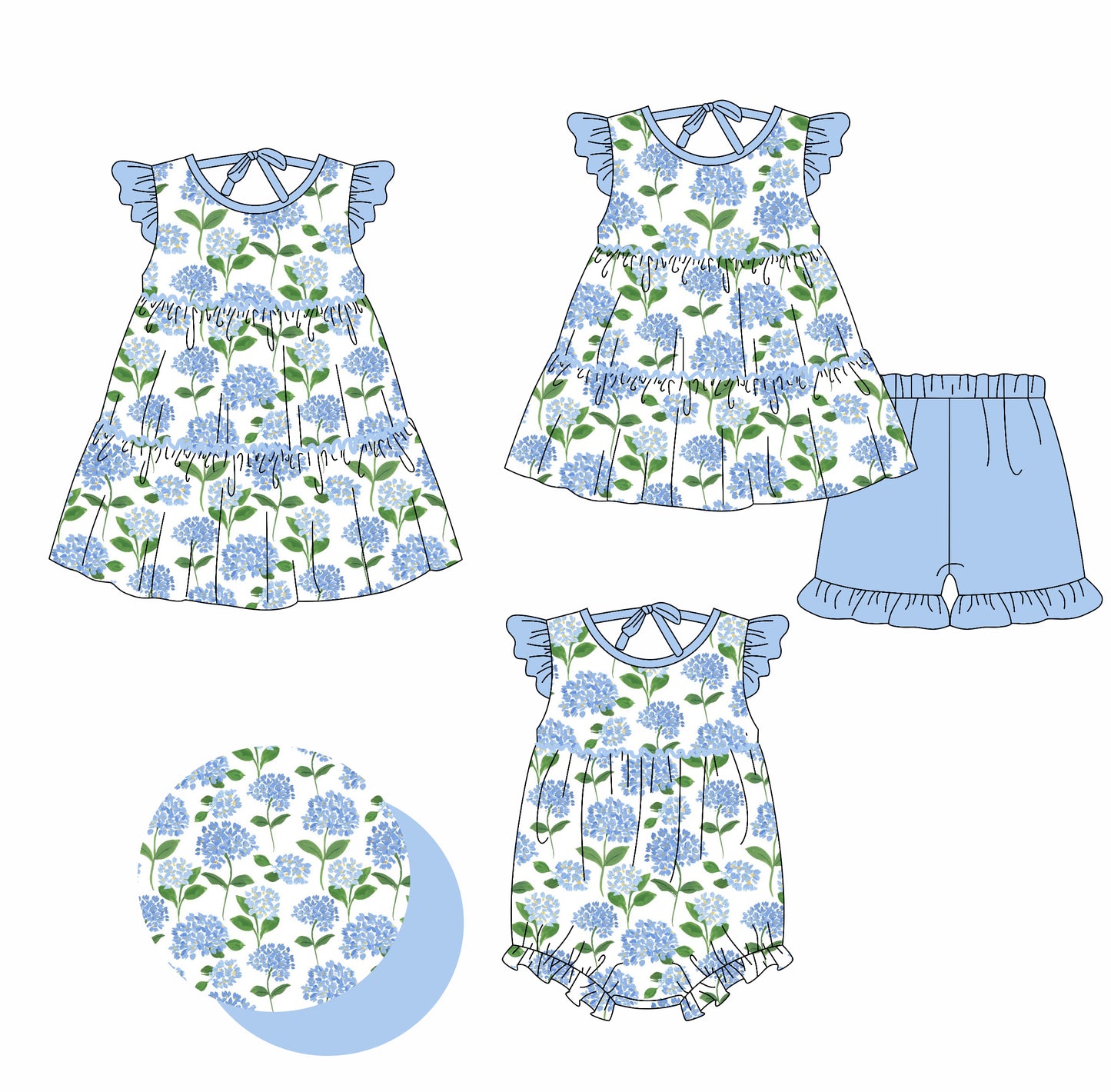2.18(Custom Design Preorder MOQ 5 Each Design) Blue Flowers Print Girls Summer Matching Clothes Sisters Wear
