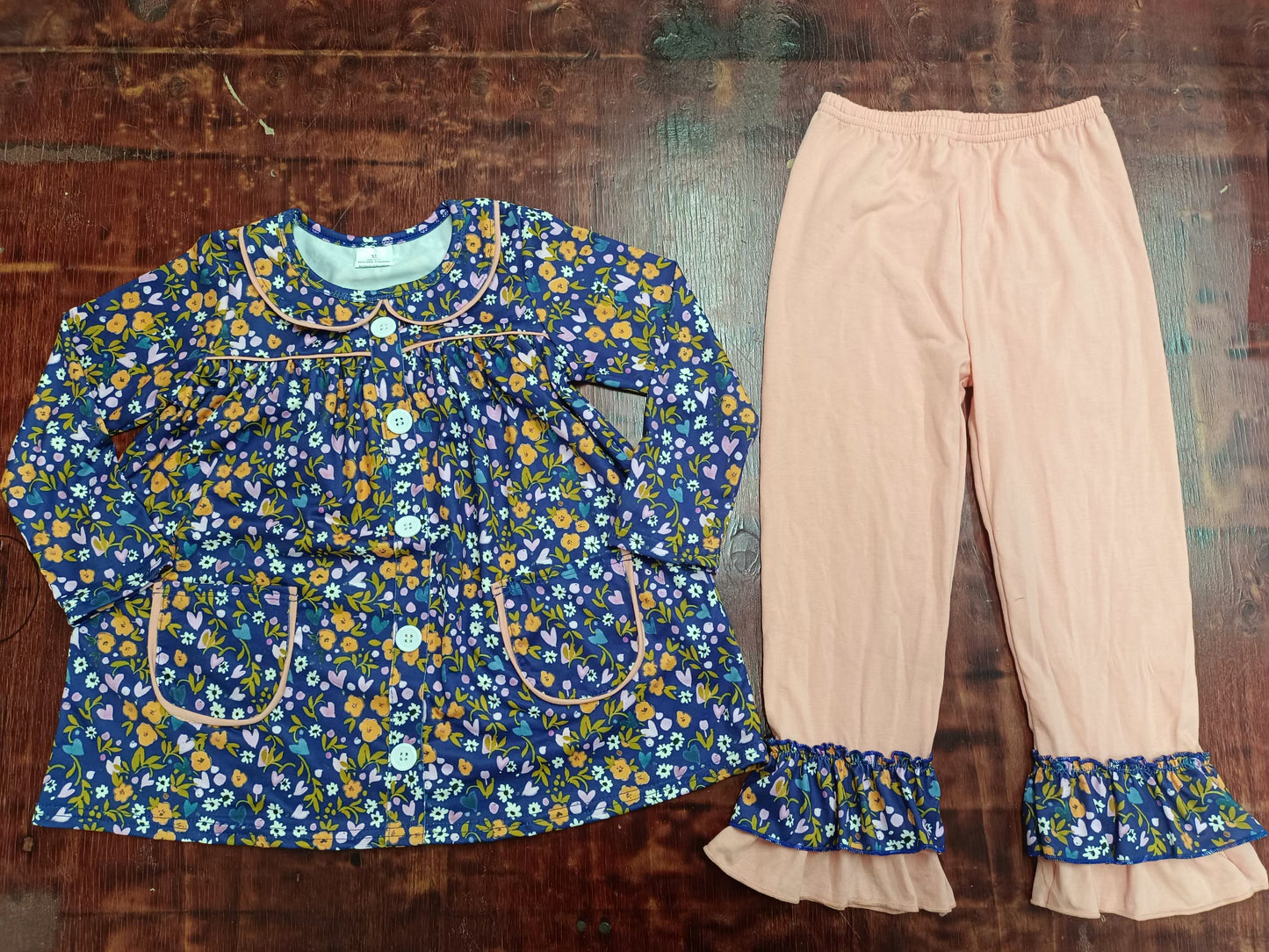 (Custom Design Preorder MOQ 3 ) Flowers Tunic Top Pink Pants Girls Fall Clothes Set