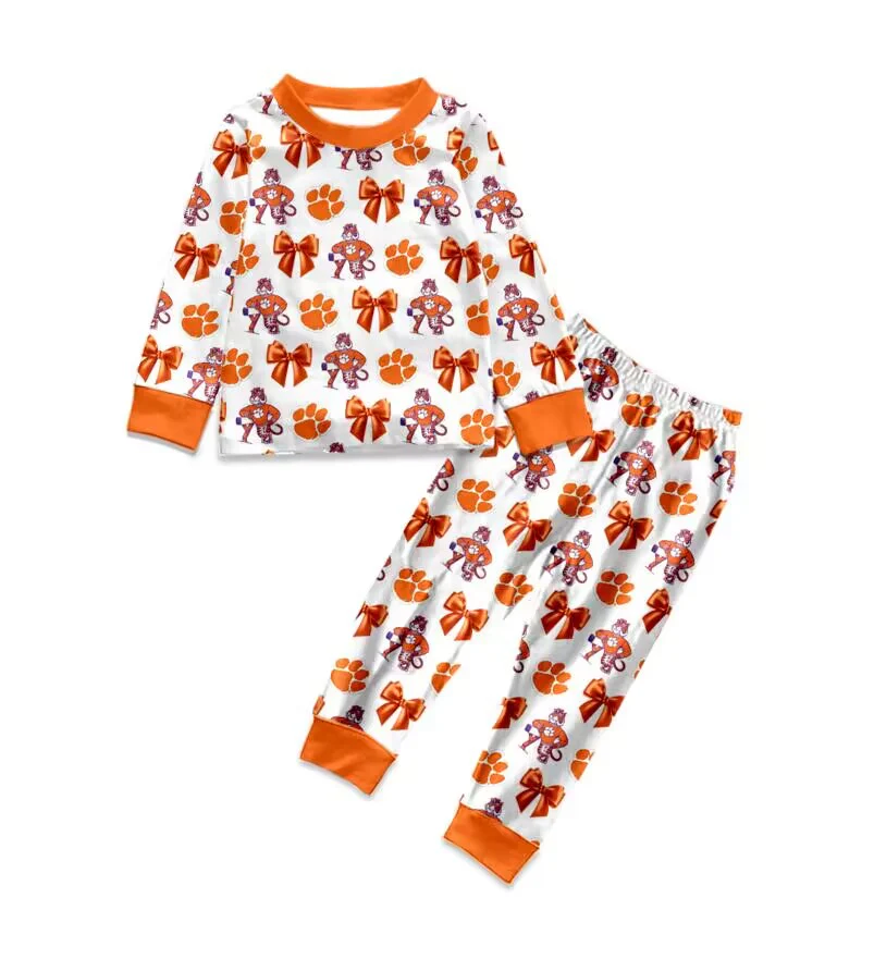 (Custom Design Preorder MOQ 20) Team's PAW Orange Print Boys Fall Bamboo Pajamas Clothes Set