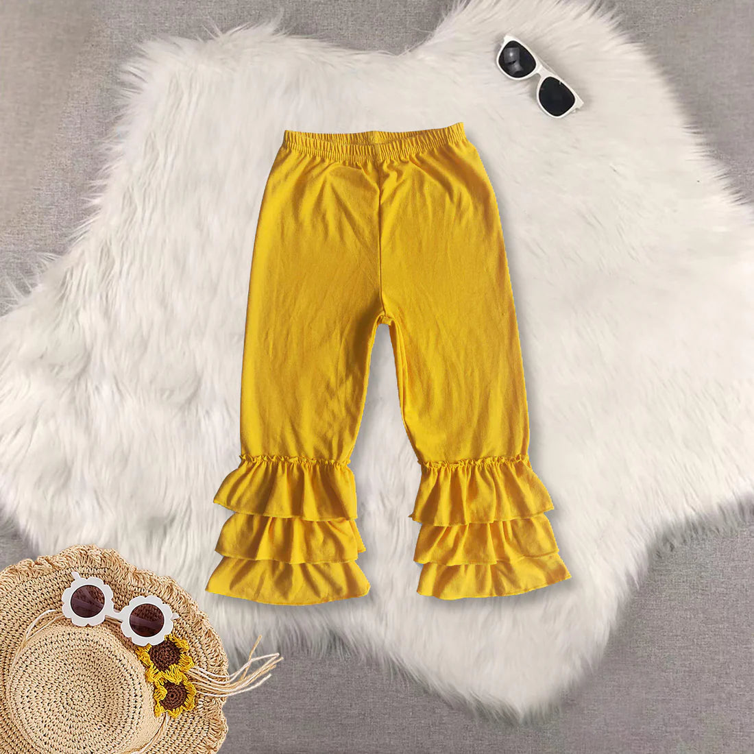 Ruffles Solid Color Girls Cotton Pants Sisters Wear