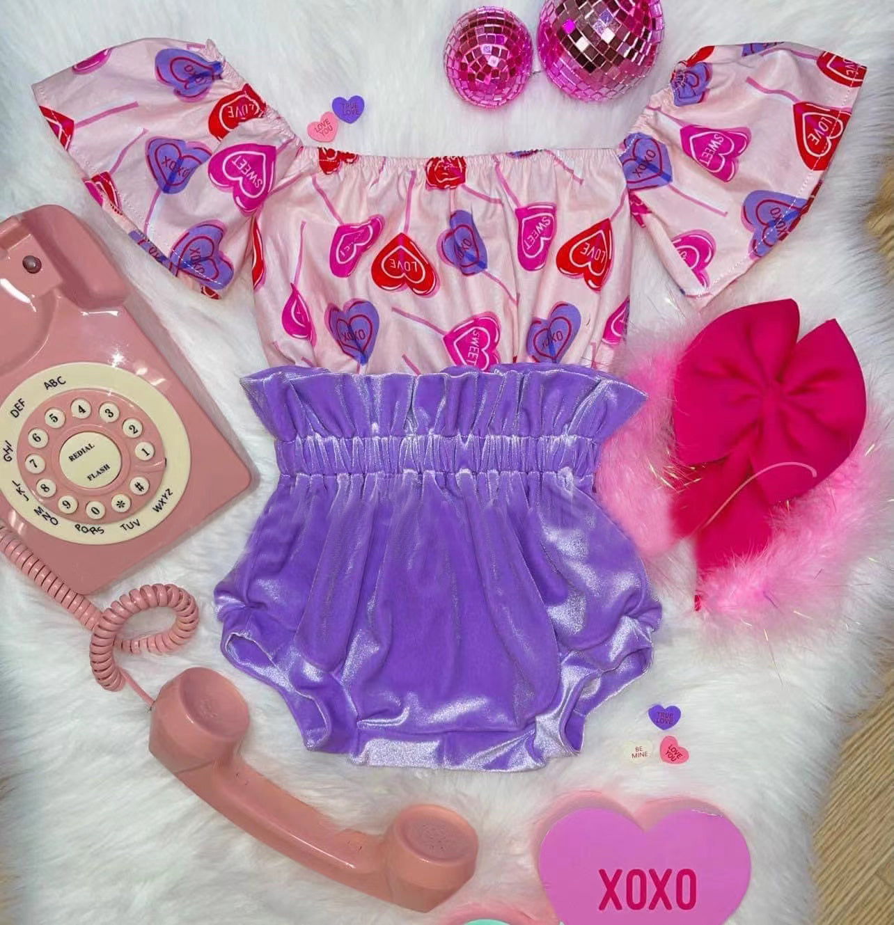 (Custom Design Preorder MOQ 5) Heart Top Purple Velvet Shorts Baby Girls Valentine's Bummie Set