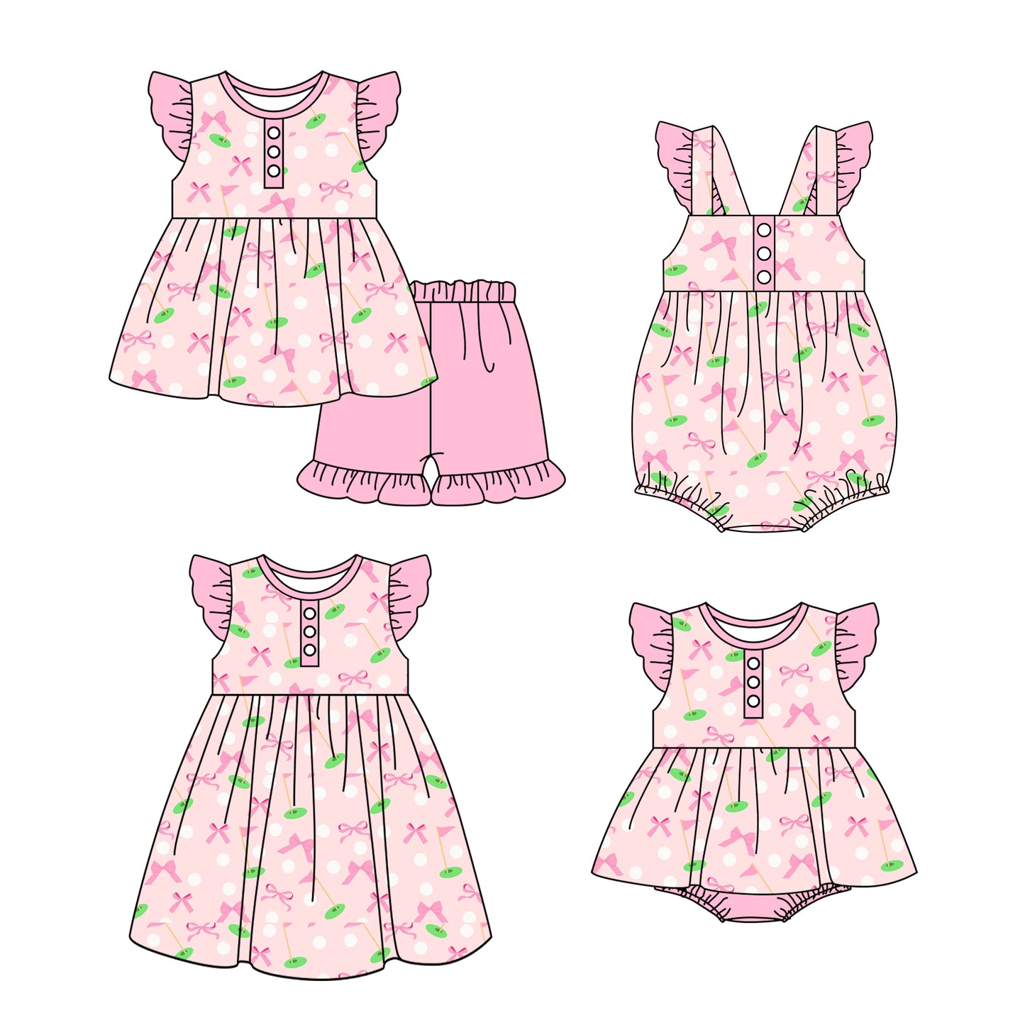 11.16(Custom Design Preorder MOQ 5 Each Design) Golf Bows Print Girls Summer Matching Clothes Sibling Wear