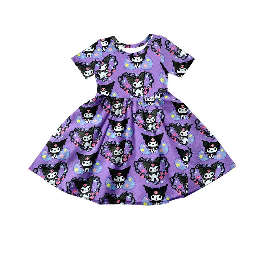 (Custom Design Preorder MOQ 5) Cartoon Animals Purple Print Girls Knee Length Dress