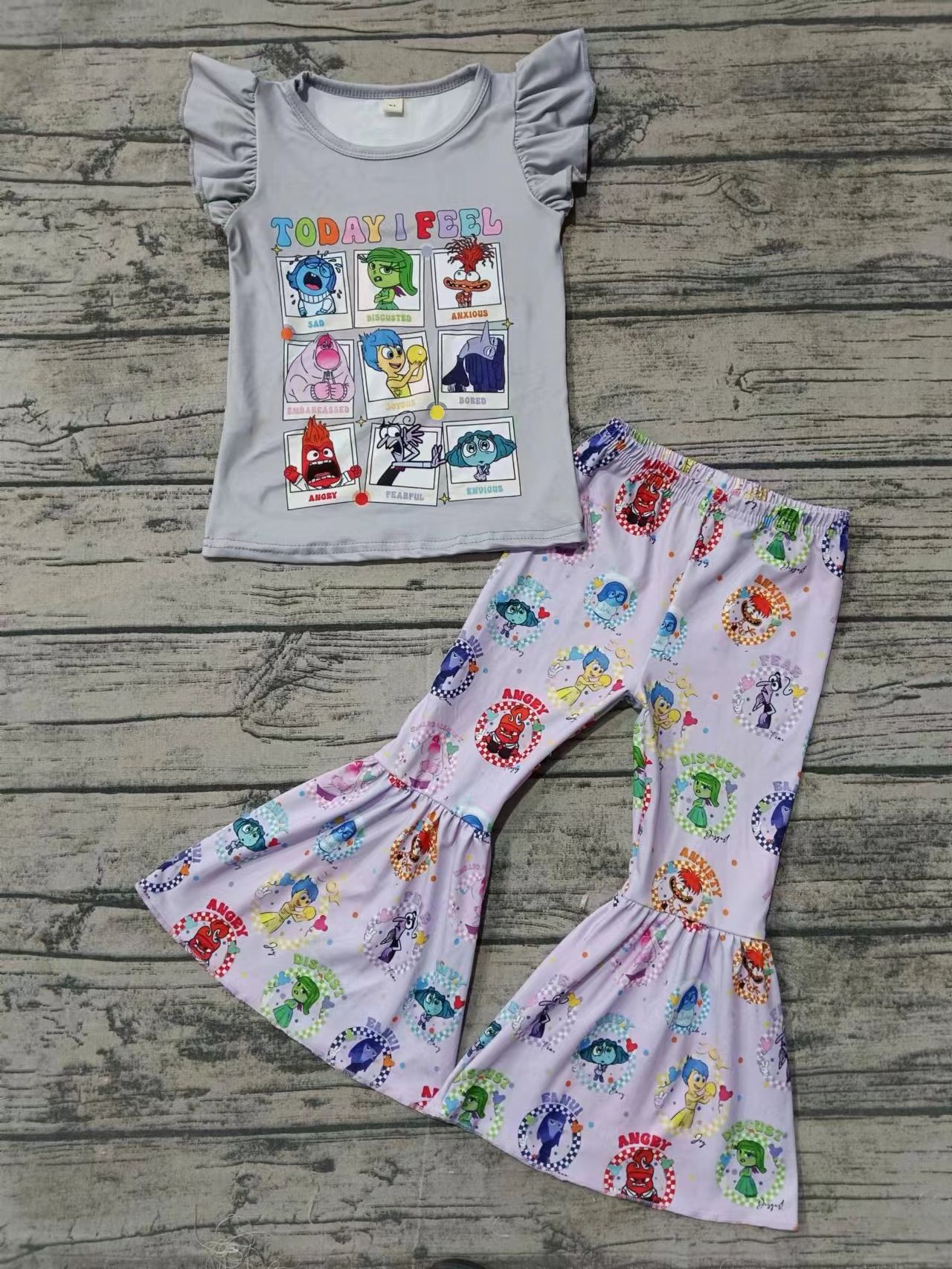 (Custom Design Preorder MOQ 5) Cartoon Figure Inside Out Today I Feel Print Bell Pants Girls Clothes Set