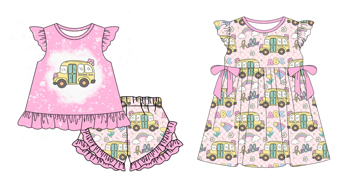 1.6(Custom Design Preorder MOQ 5 Each Design) Bus Flowers Rainbow Print Girls Back to School Matching Clothes Sisters Wear