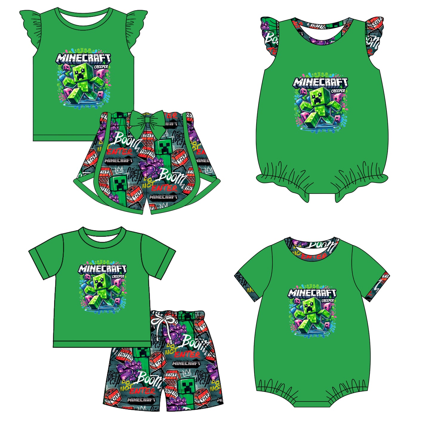 2.19(Custom Design Preorder MOQ 5 Each Design) Cartoon Games Roblo* Green Print Kids Summer Matching Clothes Sibling Wear