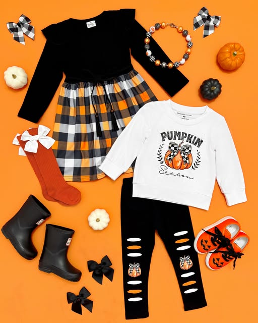 (Custom Design Preorder MOQ 5 Each Design) Pumpkin Plaid Print Girls Fall Matching Clothes Sisters Wear