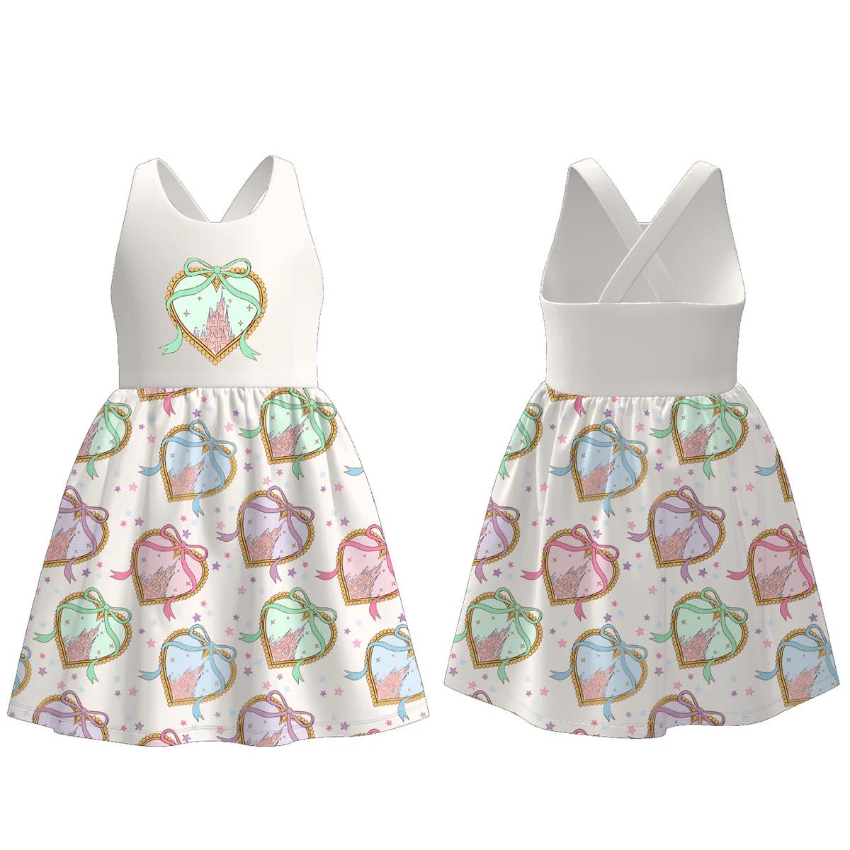 (Custom Design Preorder MOQ 5) Cartoon Castle Print Girls Summer Knee Length Dress