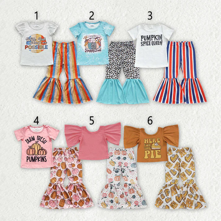 6 Styles Fall Pumpkin Print Bell Pants Girls Clothes Set Sisters Wear