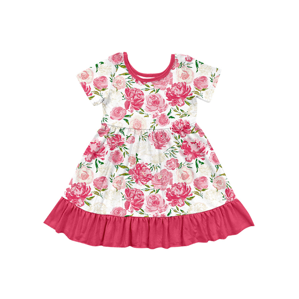12.10(Custom Design Preorder MOQ 5) Pink Flowers Print Girls Summer Knee Length Dress
