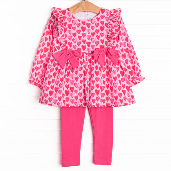 (Custom Design Preorder MOQ 5) Heart Tunic Top Hotpink Pants Girls Valentine's Day Clothes Set