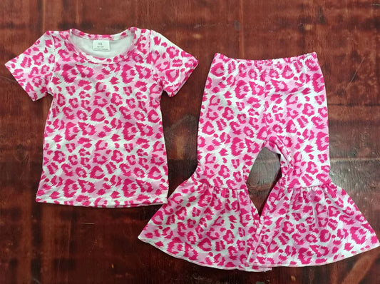 (Custom Design Preorder MOQ 5) Pink Leopard Print Bell Pants Girls Clothes Set