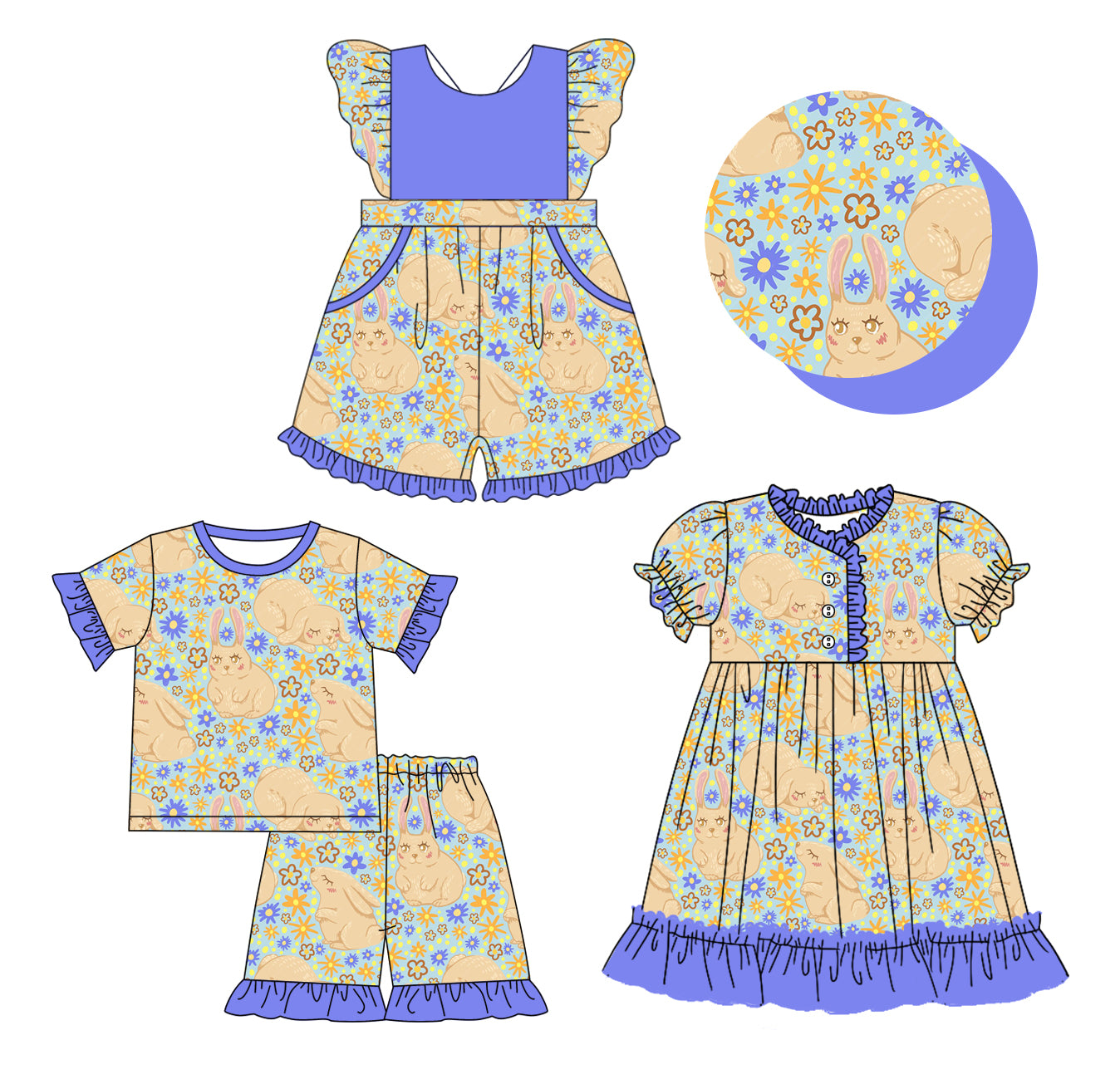 12.10(Custom Design Preorder MOQ 5 Each Design) Bunny Flowers Print Girls Easter Matching Clothes Sisters Wear