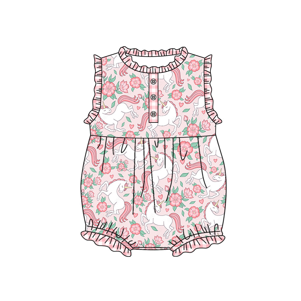 (Custom Design Preorder MOQ 5) Pink Unicorn Flowers Print Baby Girls Summer Romper