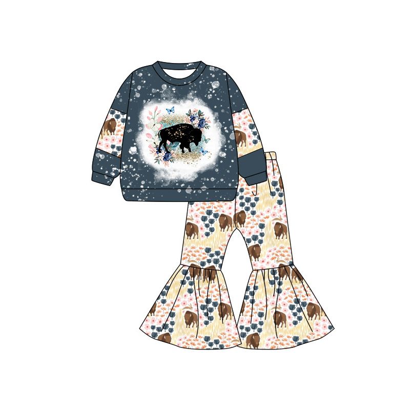 (Custom Design Preorder MOQ 5) Highland Cow Flowers Print Bell Pants Girls Western Clothes Set