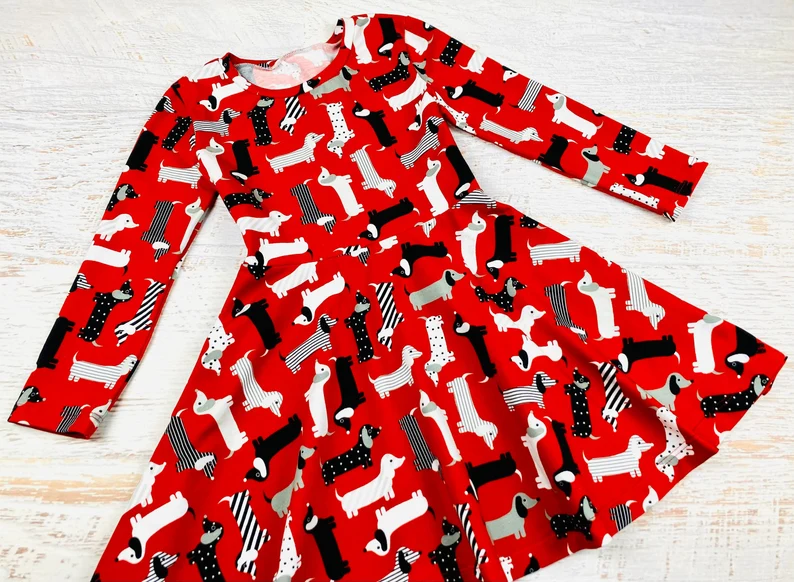 (Custom Design Preorder MOQ 5) Puppy Red Print Girls Knee Length Dress