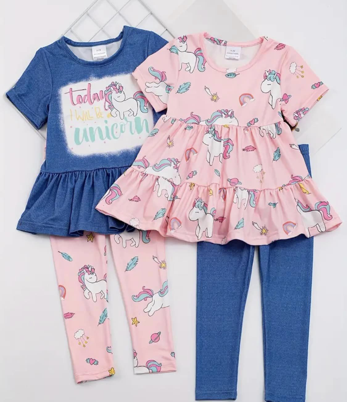 (Custom Design Preorder MOQ 5) Unicorn Pink Tunic Top Blue Leeging Pants Girls Clothes Set