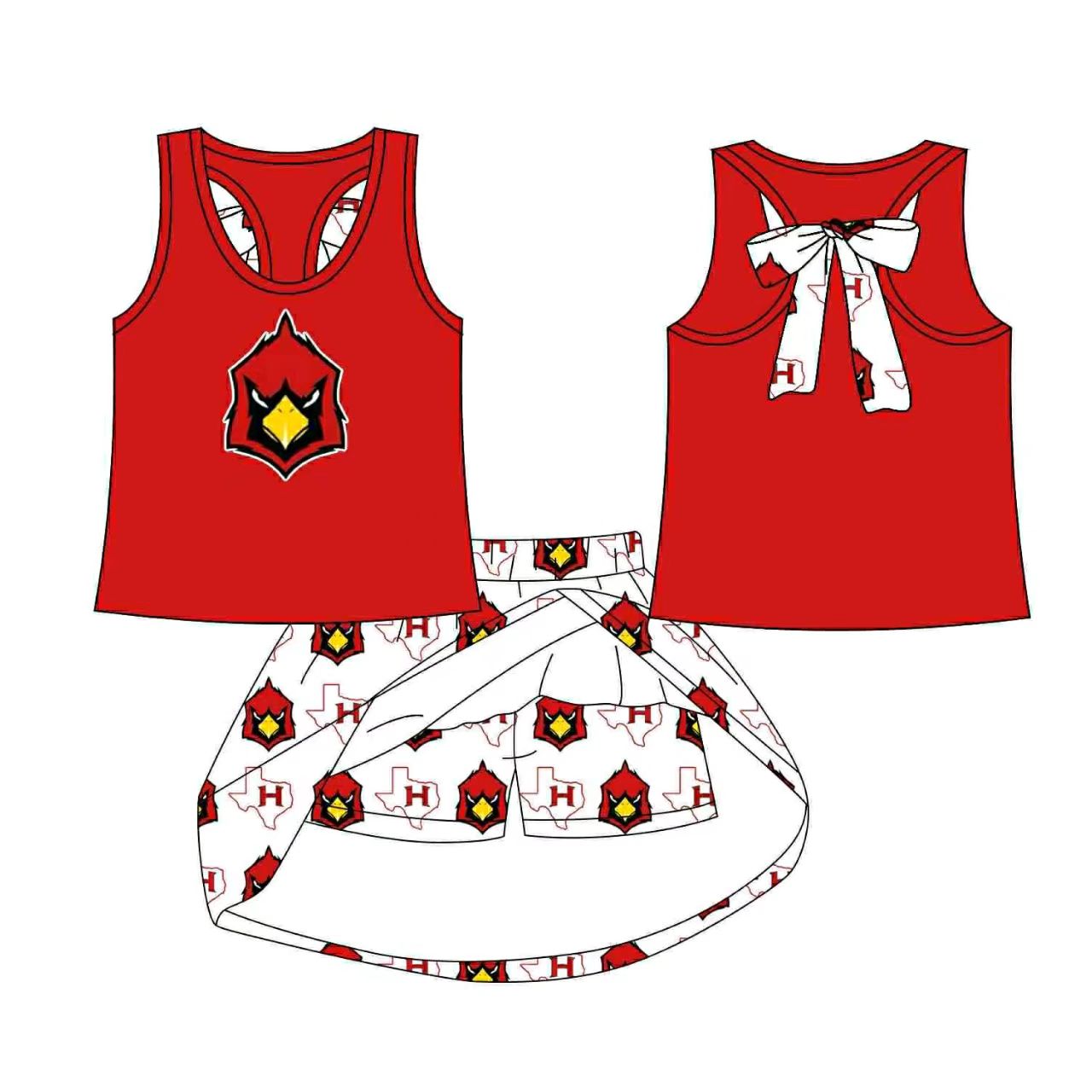 (Custom Design Preorder MOQ 5) Team's Bird Red Top Skirts Shorts Girls Clothes Sets