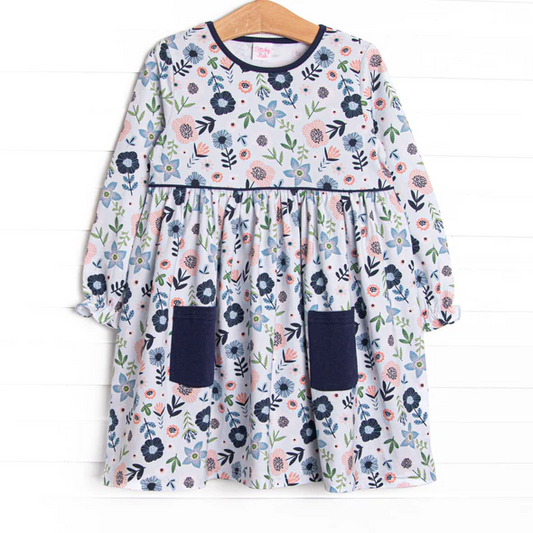 (Custom Design Preorder MOQ 5 ) Navy Flowers Print Pockets Girls Fall Knee Length Dress