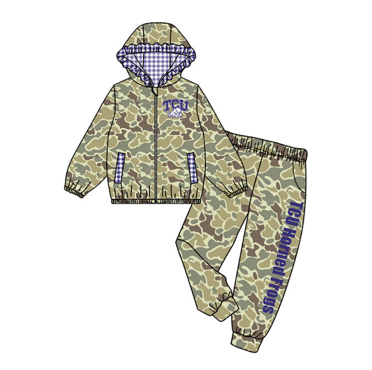 (Custom Design Preorder MOQ 5) Team's TCU HORNED FROGS Camo Print Hoodie Zipper Top Pockets Pants Girls Fall Clothes Set