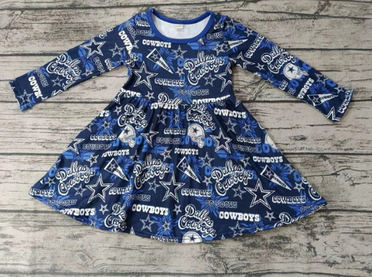 (Custom Design Preorder MOQ 3 ) Navy Star Cowboy Football Team's Print Girls Knee Length Dress