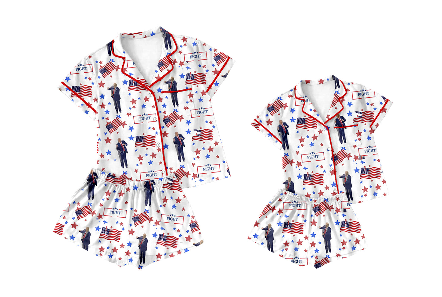 11.11(Custom Design Preorder MOQ 5) Trump Flag Stars Print Girls Summer Pajamas Clothes Set