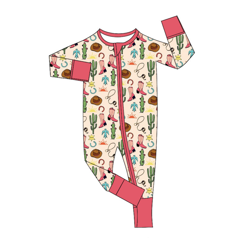 (Custom Design Preorder MOQ 20) Boots Cactus Print Baby Girls Western Bamboo Sleeper Zipper Romper
