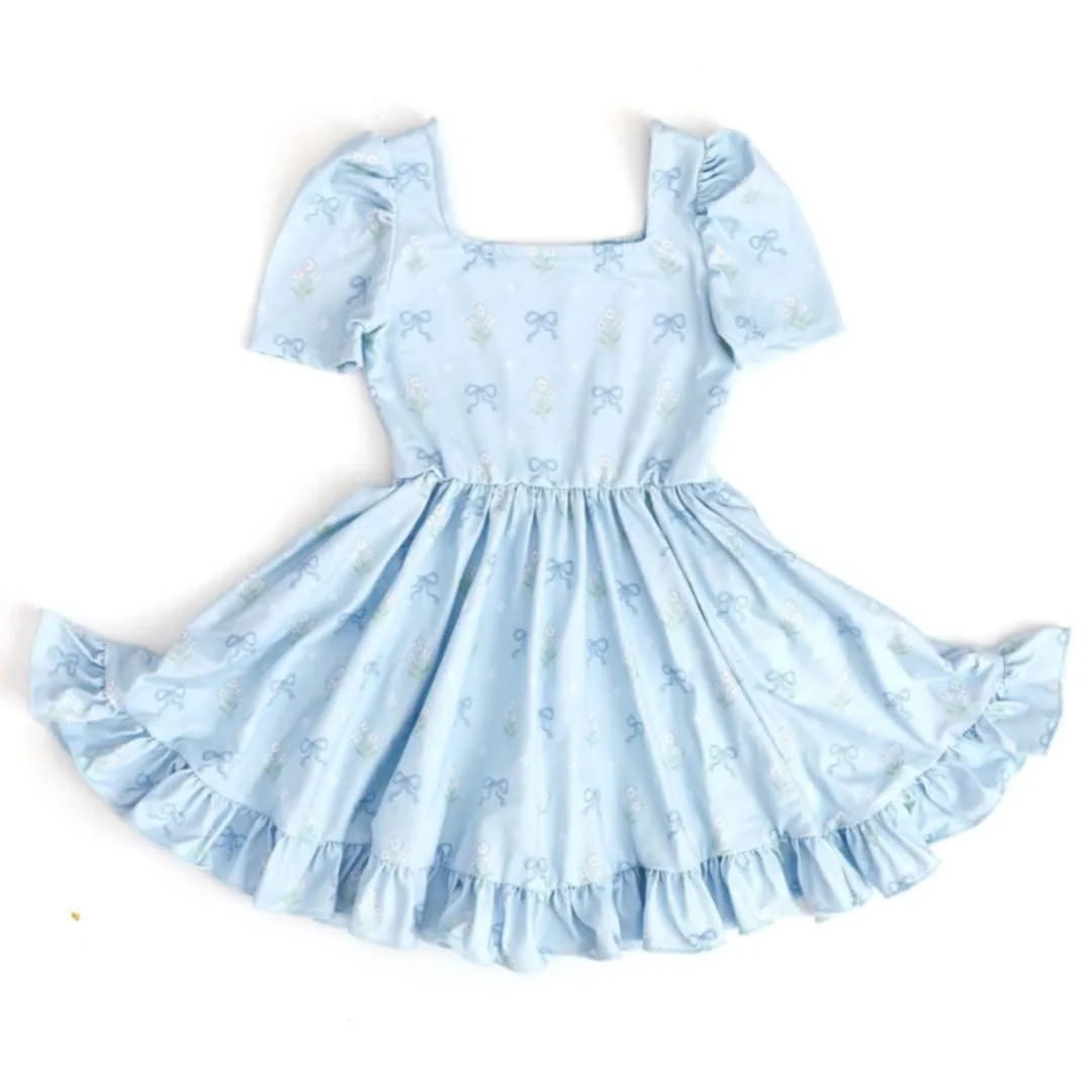 (Custom Design Preorder MOQ 5) Blue Bows Print Girls Summer Knee Length Dress