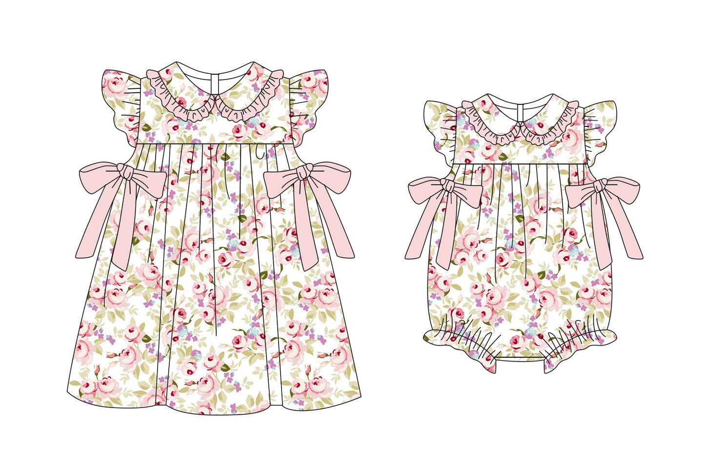 11.6(Custom Design Preorder MOQ 5 Each Design) Pink Flowers Print Girls Summer Matching Clothes Sisters Wear