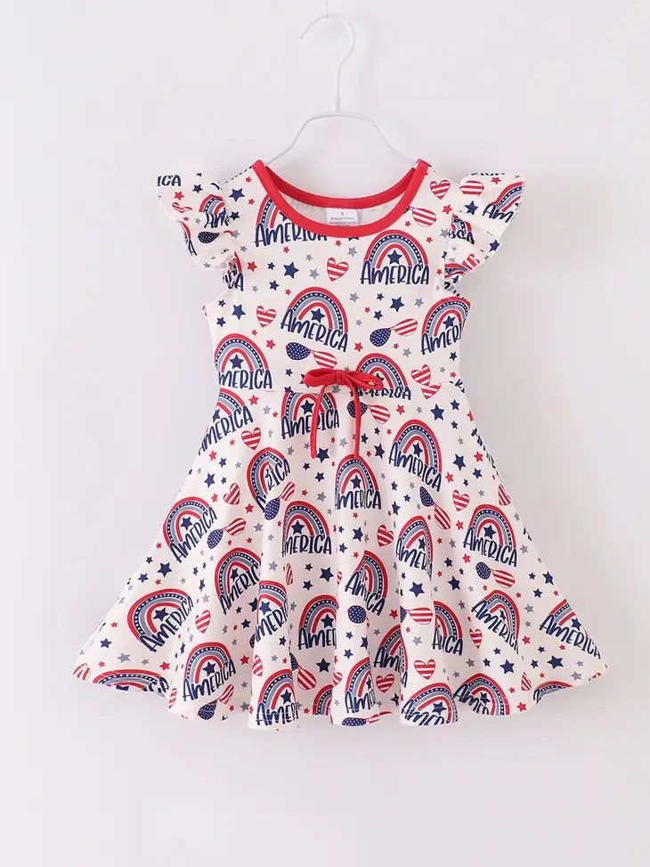 (Custom Design Preorder MOQ 5) America Rainbow Print Girls Knee Length 4th of July Dress