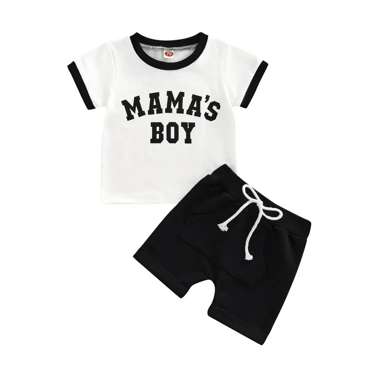 (Custom Design Preorder MOQ 5) MAMA'S BOY Top Black Shorts Boys Summer Clothes Set