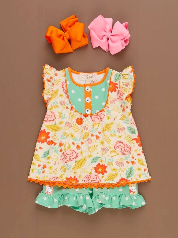 (Custom Design Preorder MOQ 5) Flowers Top Ruffle Shorts Girls Summer Clothes Set