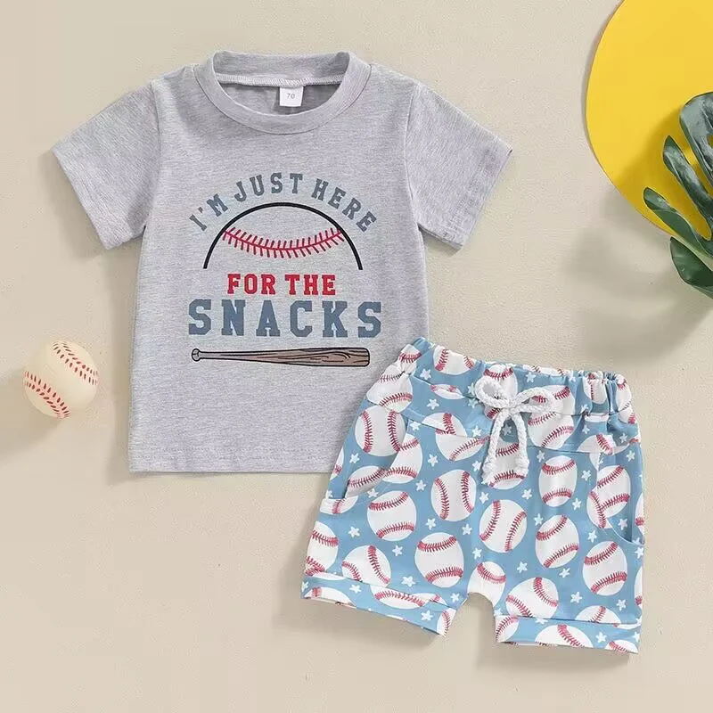 (Custom Design Preorder MOQ 5) SNACKS Grey Top Baseball Shorts Boys Summer Clothes Set