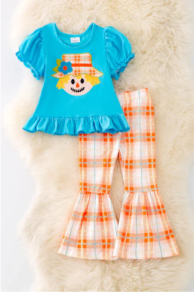 (Custom Design Preorder MOQ 5) Scarecrow Blue Top Orange Plaid Pants Girls Fall Clothes Set