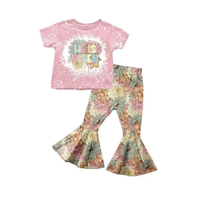 (Custom Design Preorder MOQ 5) He is Risen Flowers Print Girls Bell Pants Clothes Set
