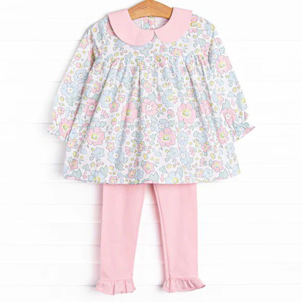 (Custom Design Preorder MOQ 5) Flowers Tunic Top Pink Pants Girls Fall Clothes Set