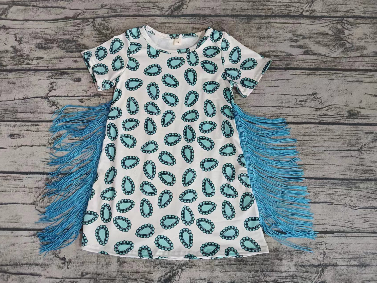 (Custom Design Preorder MOQ 5) Turquoise Print Tassel Girls Knee Length Summer Dress