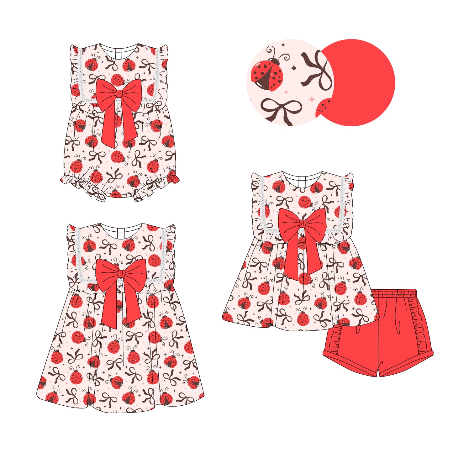 3.29(Custom Design Preorder MOQ 5 Each Design) Ladybird Bows Print Girls Summer Matching Clothes Sisters Wear
