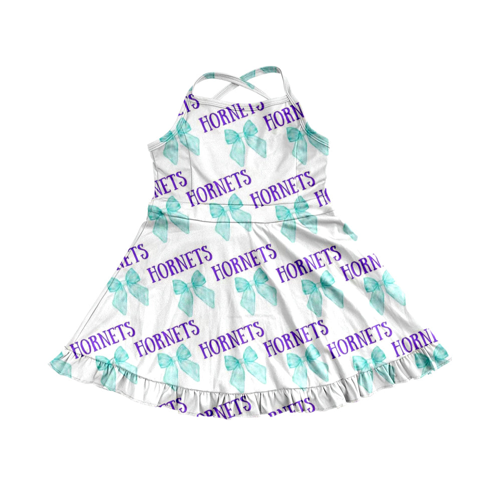 (Custom Design Preorder MOQ 5) Team's Hornets Bows Print Shorts Skirts Girls Summer Yoga Dress
