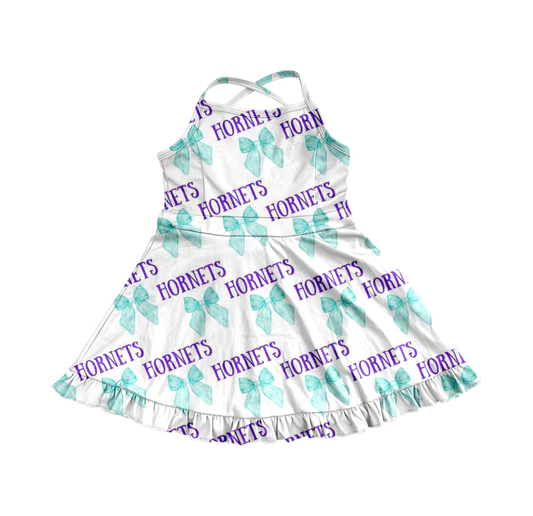 (Custom Design Preorder MOQ 5) Team's Hornets Bows Print Shorts Skirts Girls Summer Yoga Dress