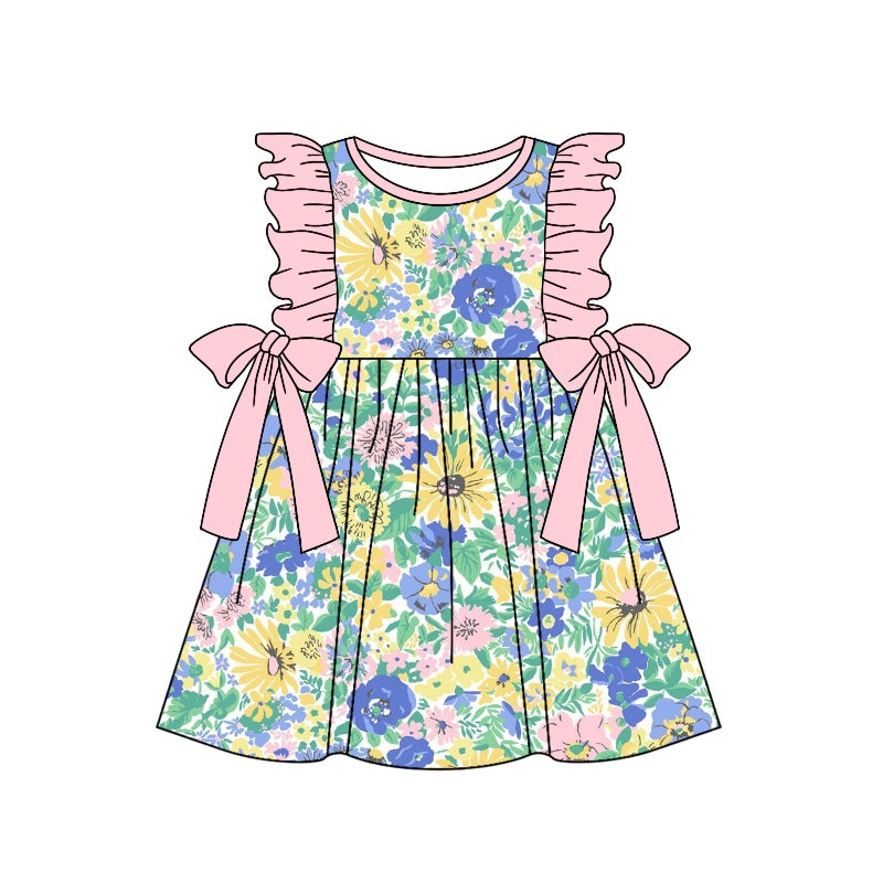 (Custom Design Preorder MOQ 5) Pink Flowers Print Girls Knee Length Summer Dress