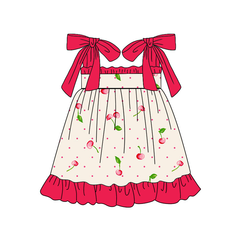 (Custom Design Preorder MOQ 5) Cherry Print Girls Knee Length Summer Dress