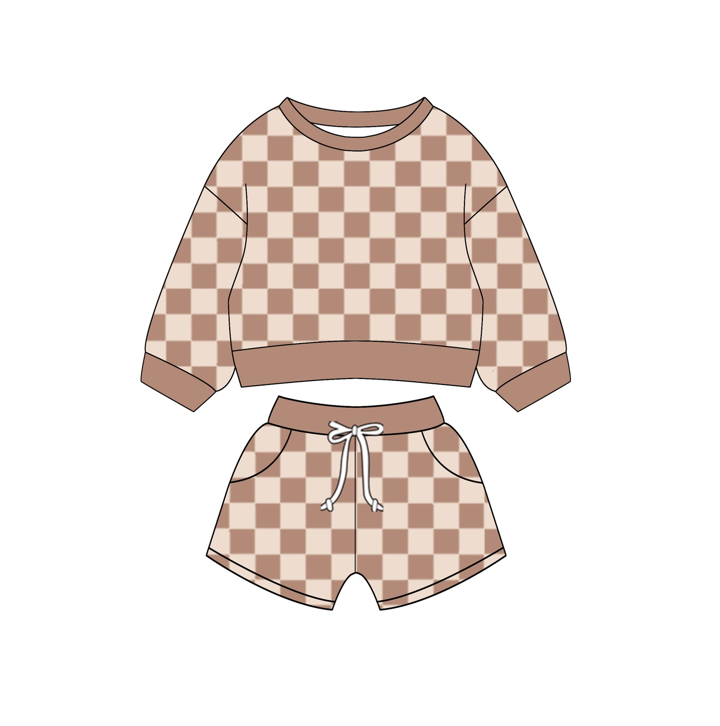 (Custom Design Preorder MOQ 5) Brown Plaid Long Sleeve Top Pockets Shorts Girls Clothes Set